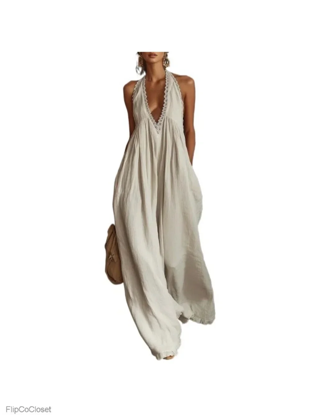 Women's Cotton Linen V-Neck Camisole Pleated Wide Leg Jumpsuit Sleeveless
